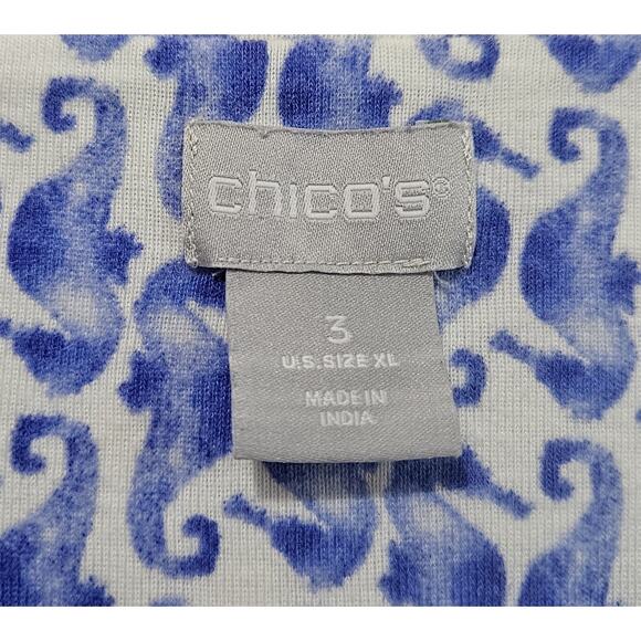 CHICO'S 3 Women XL Seahorse Top Blue White 3/4 Slv Coastal Pima Cotton Knit 42" - Picture 3 of 8